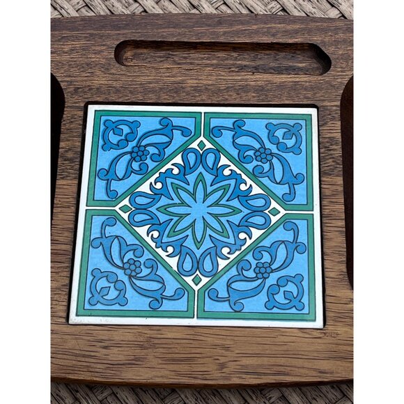 MCM Wood Charcuterie Board Platter w/ Ceramic Tile 1960s Wooden Serveware Japan - Picture 8 of 8